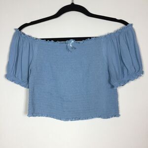 Blue raunched elasticated on off shoulder top western prairie hippie boho sz L